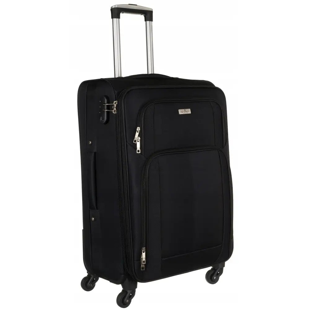 Peterson stor myk reisekoffert XXL, sort tekstil, skrå frontvisning med fire hjul og flere glidelåslommer.