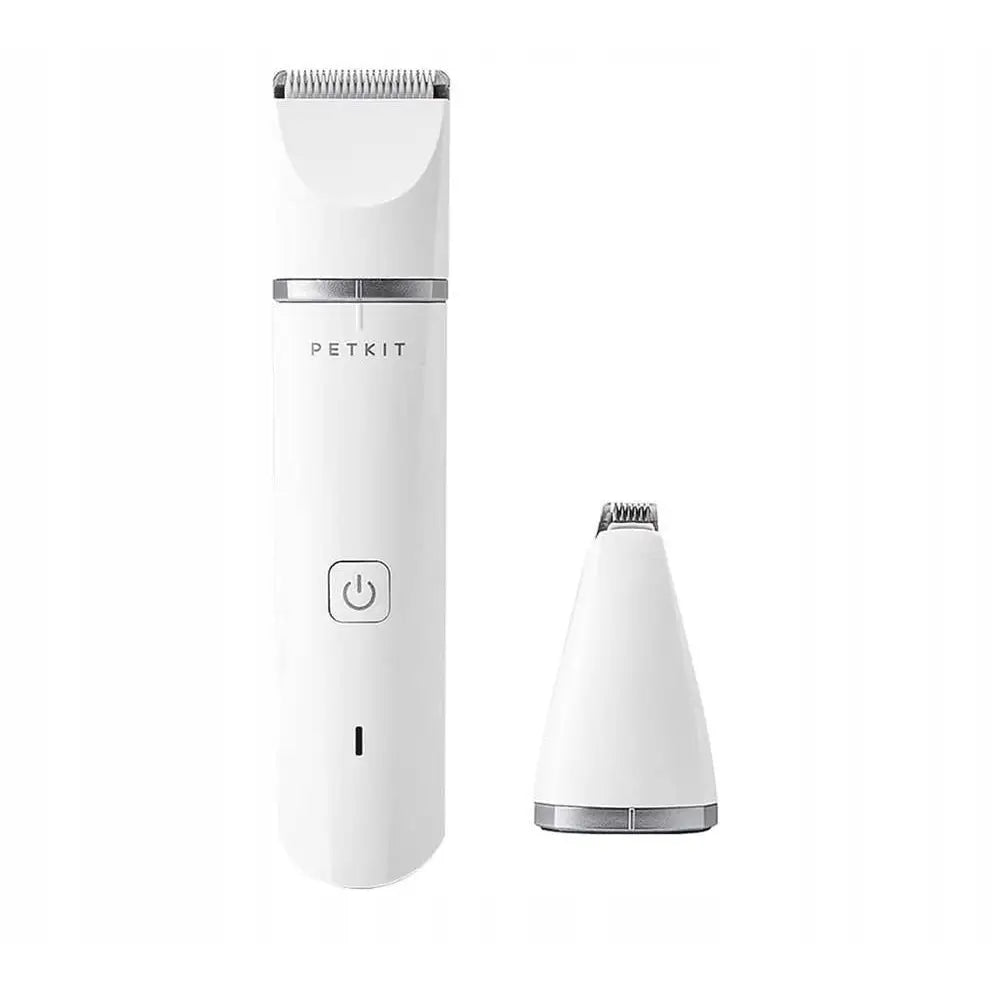 Petkit trådløs 2-i-1 pelsklipper for dyr, frontvisning med tydelig av/på-knapp og ekstra trimmerhode ved siden av.