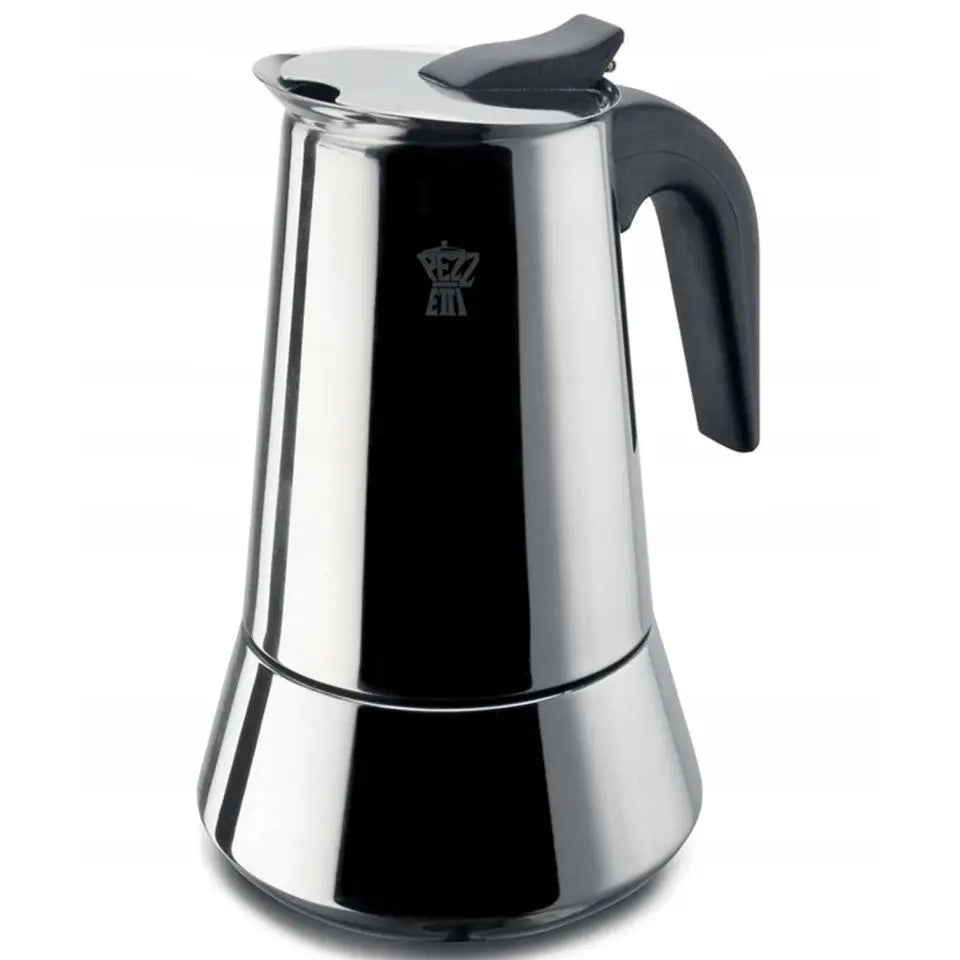 Pezzetti stål kaffebrygger for 4 kopper, skråvisning med sort håndtak og blank, reflekterende overflate.