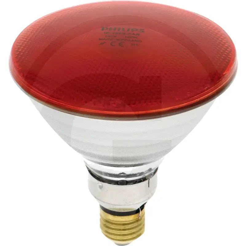 Philips infrarød lampe 100W, skrå oversiktsvisning av riflet rød topp, klart glass og metallfatning.