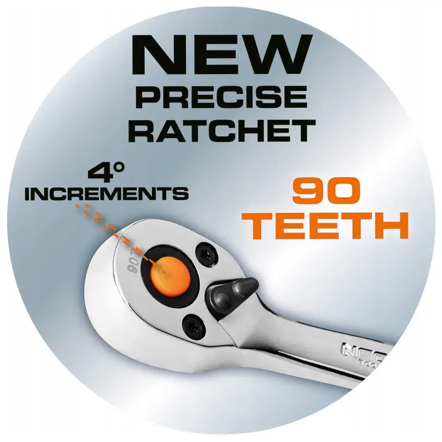 Pipenøkkelsett fra Neo Tools, skråvisning av krom skralle med oransje knapp og informasjon om 90 tenner.