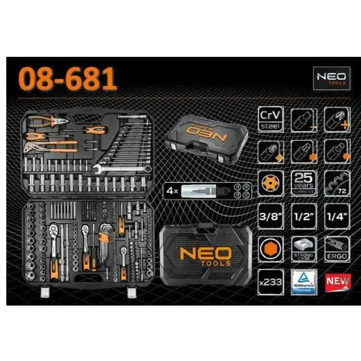 Pipenøkkelsett NEO 233 deler, åpen og lukket koffert med oransje detaljer og spesifikasjoner til høyre.