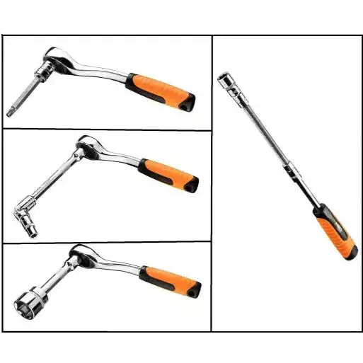 Pipenøkkelsett NEO, skralle med oransje og svart håndtak vist i flere fleksible arbeidsstillinger.