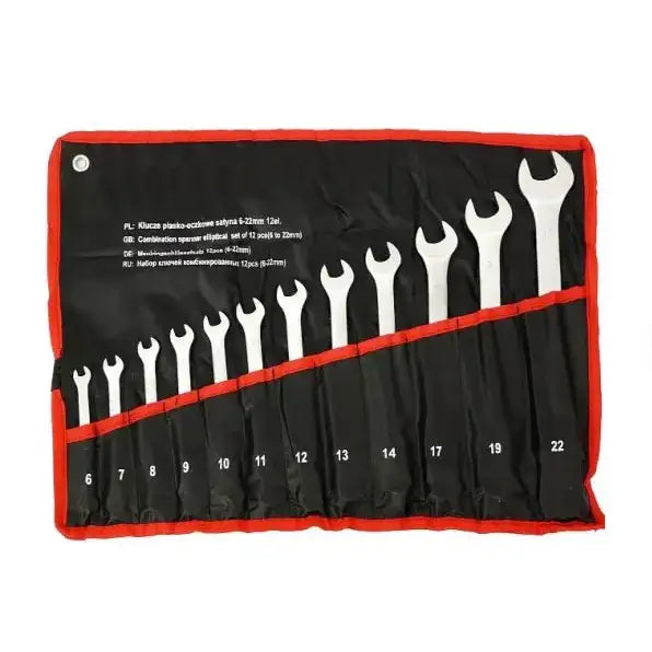 Pipenøkkelsett med 73 sølvfargede fastnøkler, oversiktsbilde av sort etui med rød kant og tydelige størrelsesmerkinger.