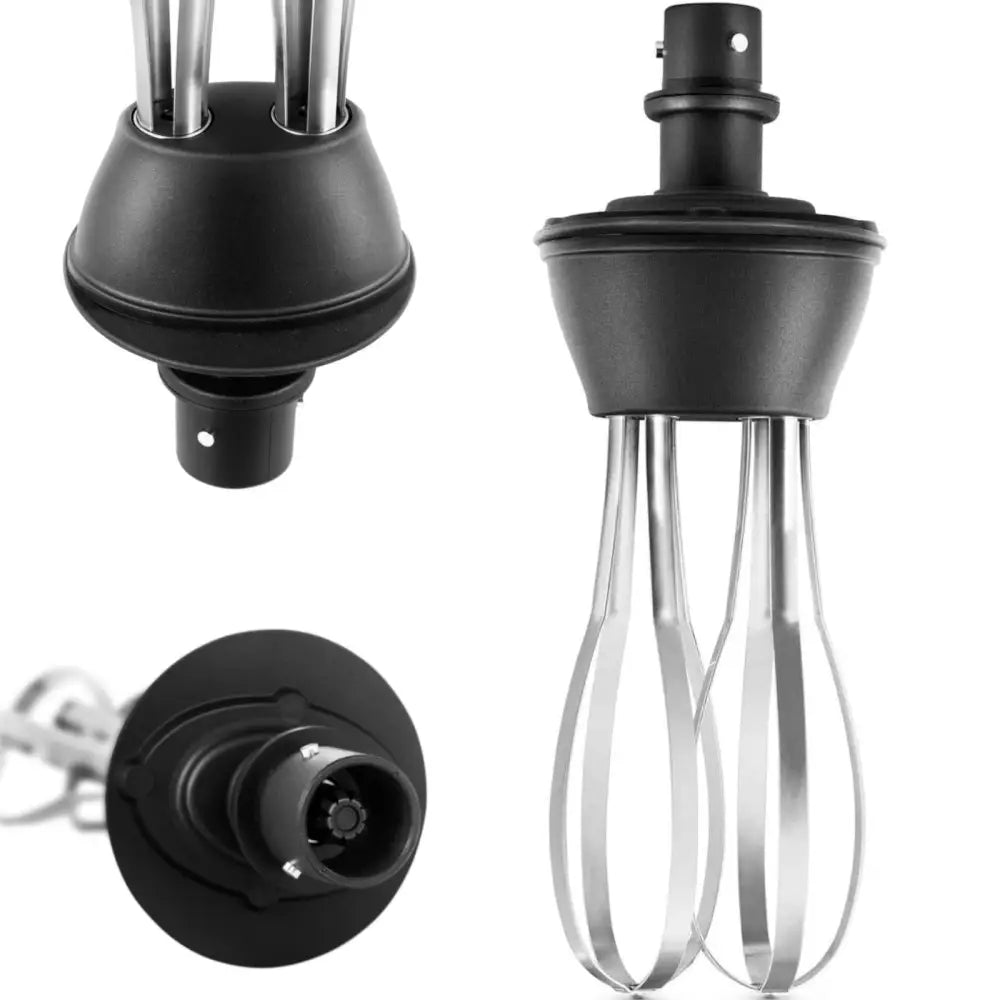 Piskeris til håndholdt blender, to metallvisper med svarte detaljer, sett fra siden og ovenfra i nærbilde.