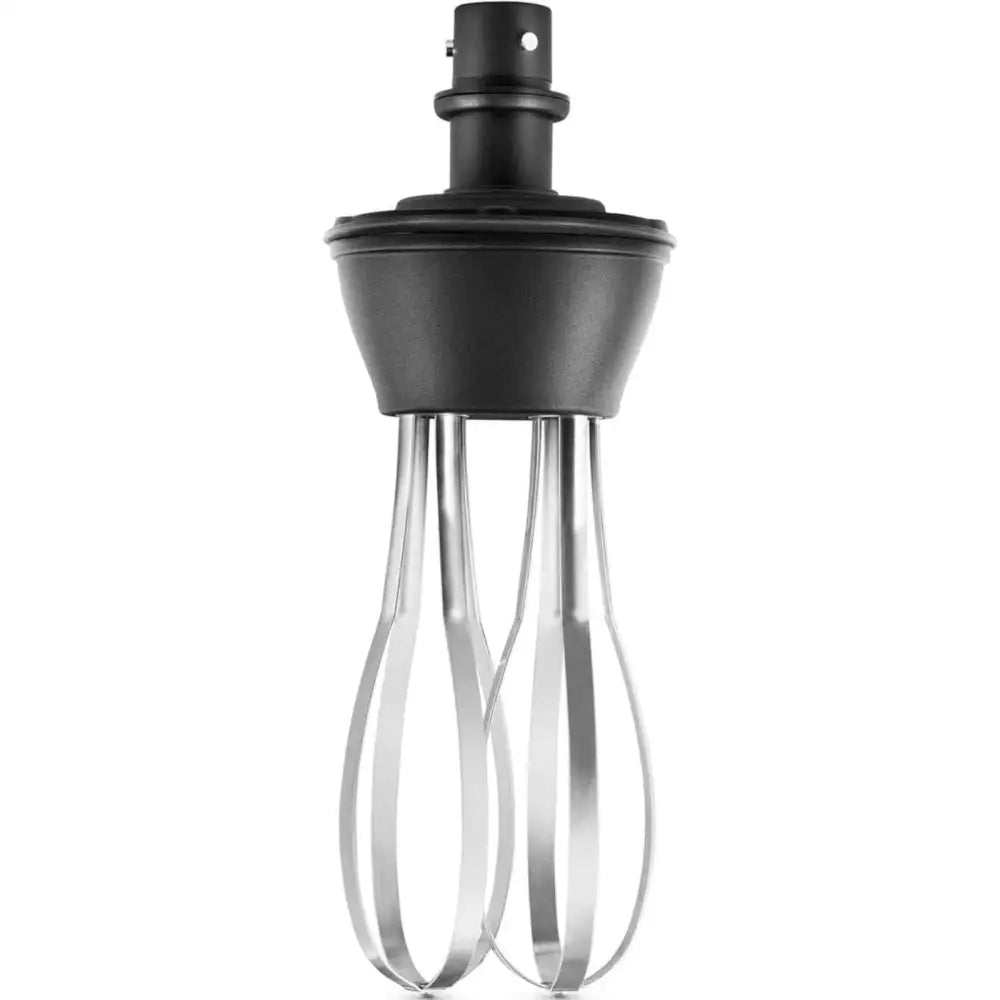 Piskeris til håndholdt blender, to vispearmer i rustfritt stål og sort plast, frontvisning med festeanordning.