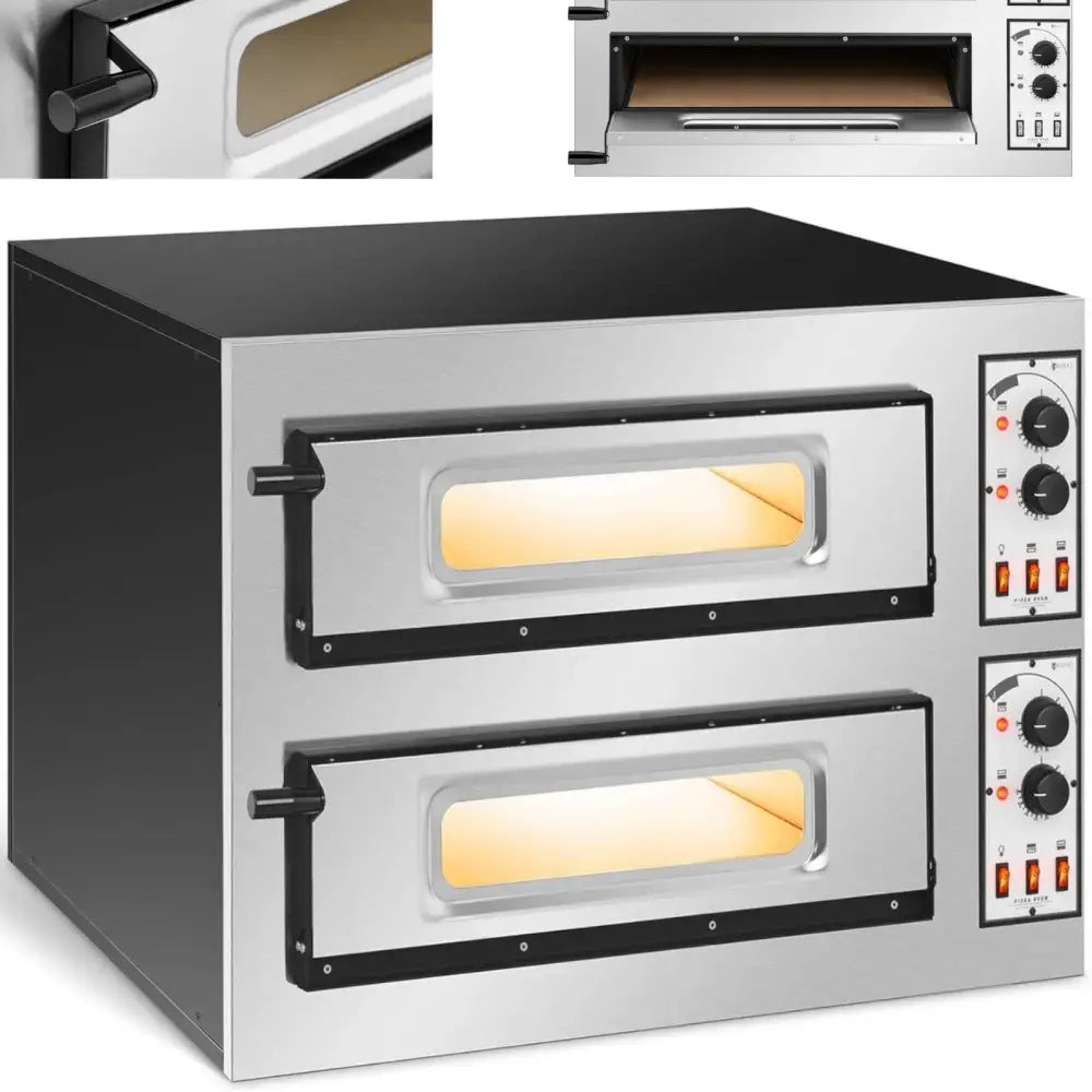 Pizzaovn med to stekekamre i rustfritt stål, skrå forfra, sorte håndtak og vinduer i dørene.