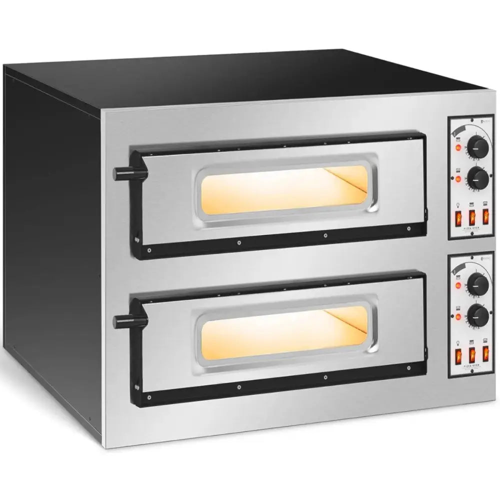 Pizzaovn for 2 pizzaer, skrå vinkel som viser doble ovnsdører med vinduer og kontrollpanel på siden.