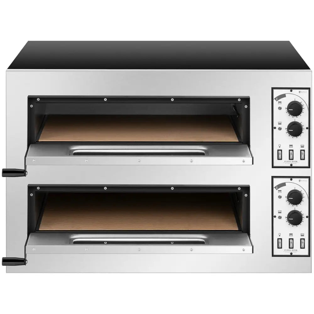 Pizzaovn for 2 pizzaer, frontbilde med to åpne stekekamre og detaljerte kontrollpaneler på høyre side.