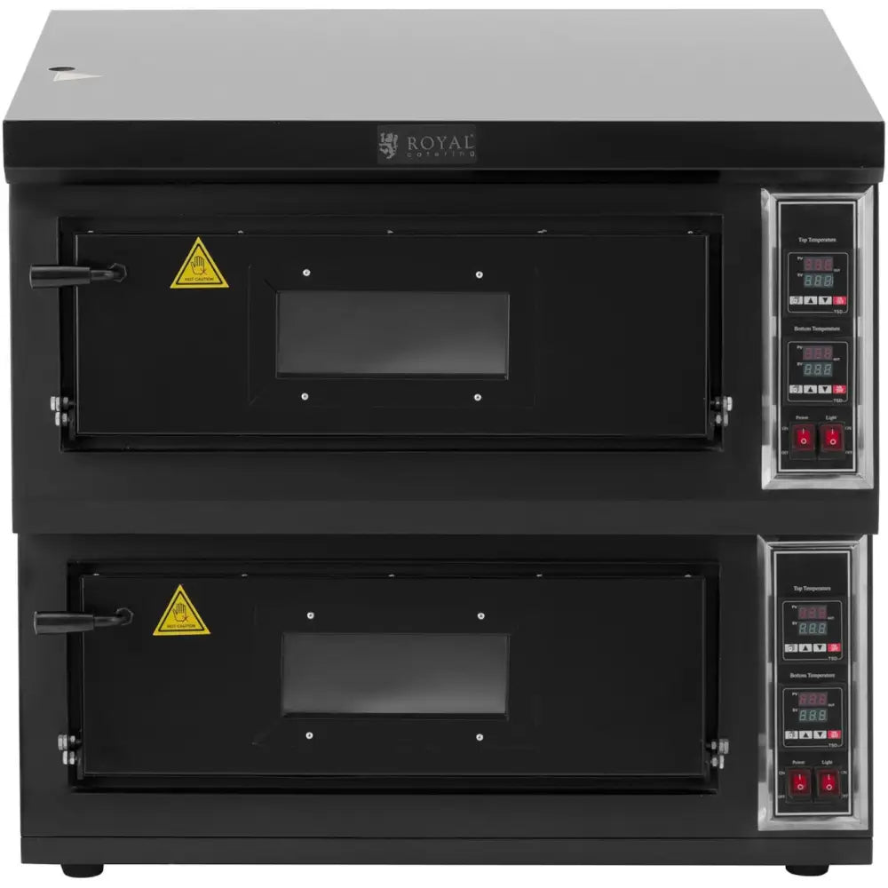 Pizzaovn med to rom, frontbilde som viser vindusdører, digitale kontrollpaneler og varmeadvarsler.