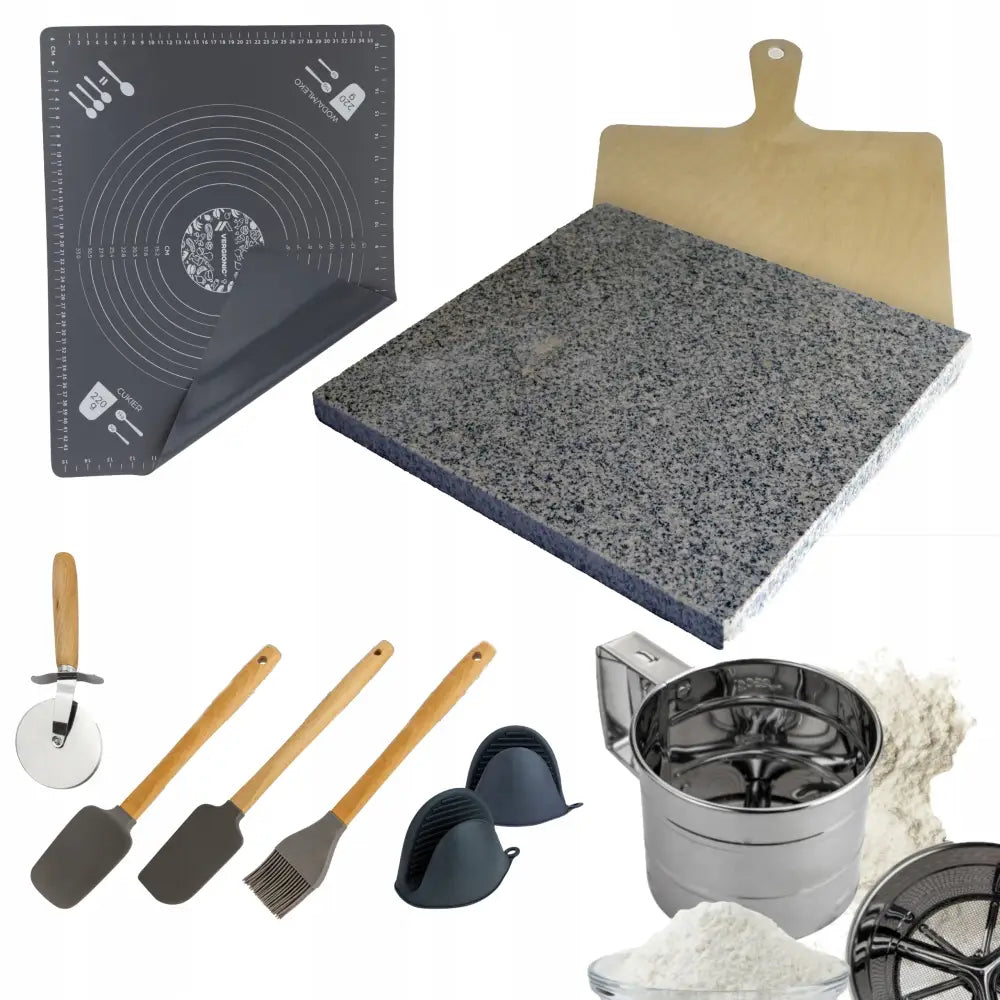 Pizzasteinsett med spade, bakebord, bakeunderlag med målelinjer, granittstein og kjøkkenredskaper.