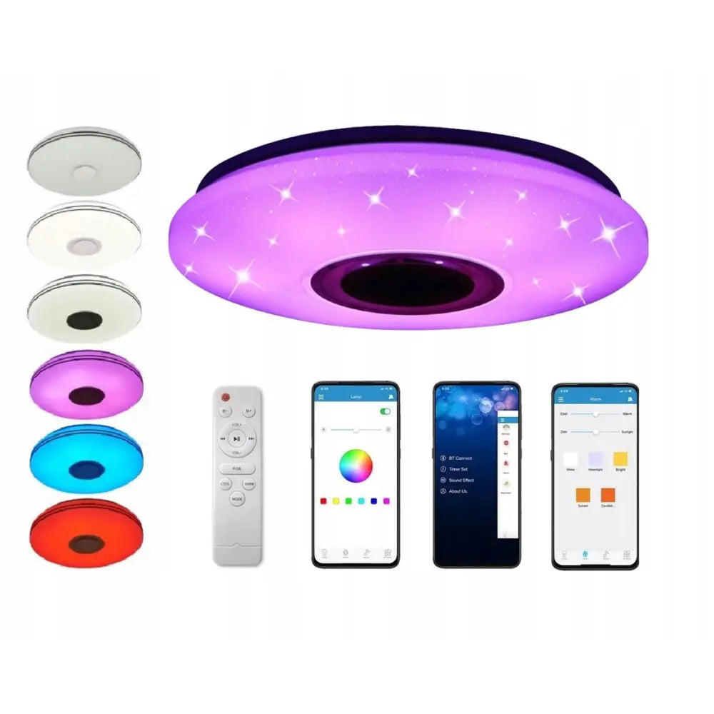 Plafon Mikka RGB taklampe i hvit, vises med fargeskift og fjernkontroll samt app på mobilskjermer.