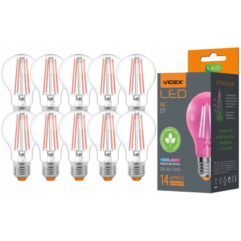 Plantelyspære Videx LED 8W Bicolor, ti klare pærer med oransje filamenter og eske med rosa lyspære.