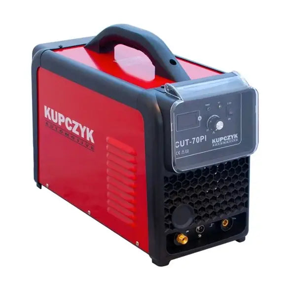 Plasmaskjærer Cut-70, skrå frontvisning som fremhever bærehåndtak og betjeningspanel med deksel.