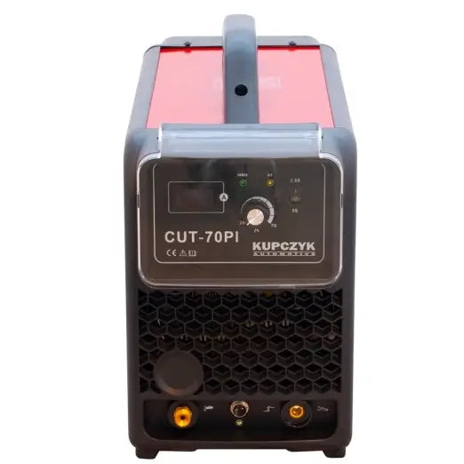 Plasmaskjærer med sort og rød front, detaljert visning av kontrollpanel, skjerm, bryter og tilkoblinger.