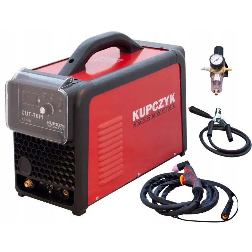 Plasmaskjærer Cut-70 Pi, skrått bilde som viser håndtak og tilbehør som kabel, elektrode og trykkregulator.