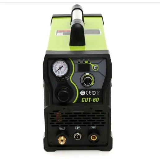 Plasmaskjærer Plasma 60A, frontbilde med synlig bærehåndtak, trykkmåler og detaljerte betjeningspaneler.