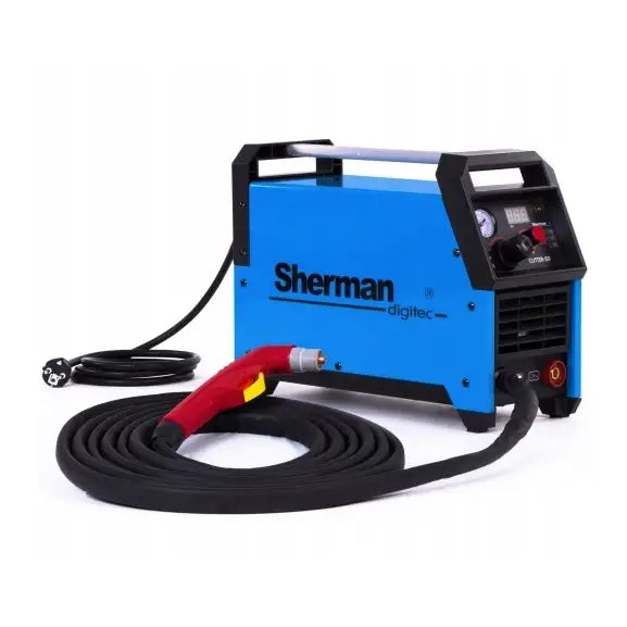 Plasmaskjærer Sherman Cutter 50K med kompressor, blå og svart maskin med frontdisplay og lang kabel med rødt håndtak.