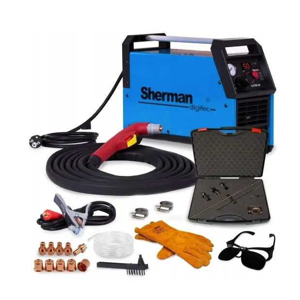 Plasmaskjærer Sherman Cutter 50K med kompressor, komplett sett med sveisepistol, hansker og tilbehør sett forfra.