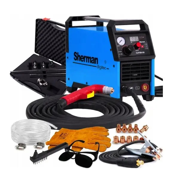 Plasmaskjærer Sherman Cutter 50K med kompressor, slange, tilbehør og transportkoffert, skrå vinkel.