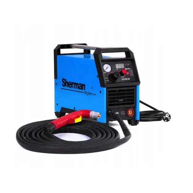 Plasmaskjærer Sherman Cutter 50K, blå maskin med display og trykkmåler, synlig sort kabel og fargerikt håndtak.