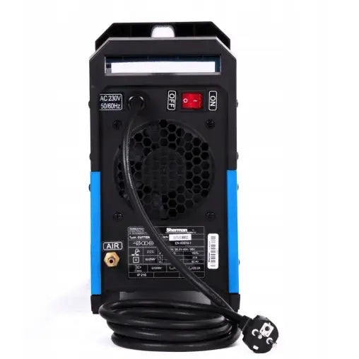 Plasmaskjærer Sherman Cutter 50K bakside med strømledning, ventilasjonsrist og tydelige kontrollbrytere.