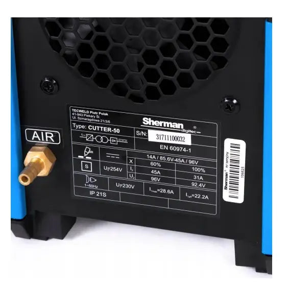 Plasmaskjærer Sherman Cutter 50K, bakside med ventilasjonsrist, lufttilkobling og teknisk etikett i blått og sort.