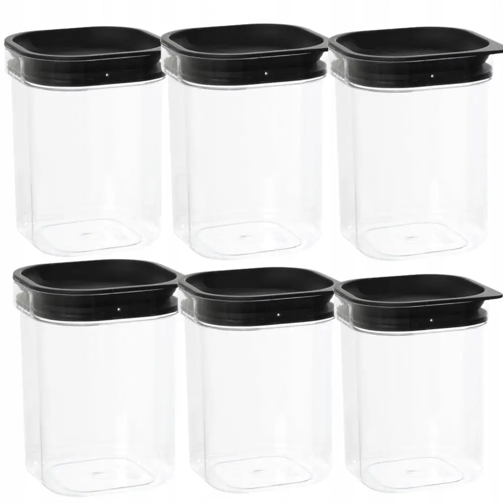 Plast Team beholdere for tørrvarer, seks stykker med sorte lokk, skrå forsidevisning.