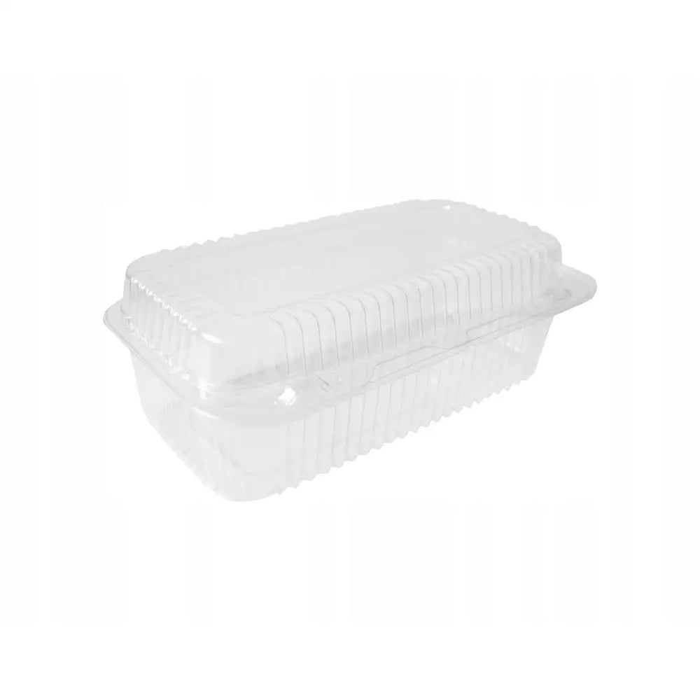 Plastbeholder for kake, gjennomsiktig PET med ribbede sider og lokk, sett fra skrå vinkel.