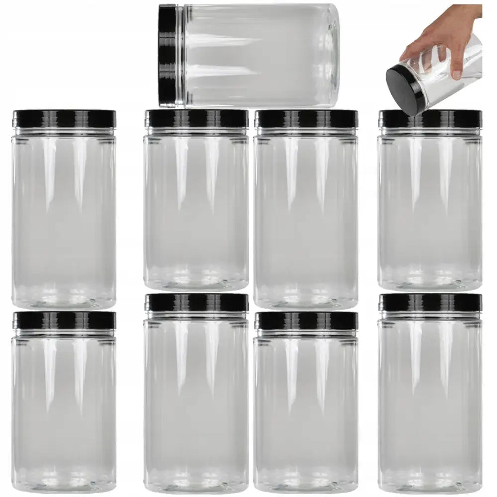 Plastbeholdere sett, ni gjennomsiktige bokser med svarte lokk, én holdes i hånden for å vise størrelsen.