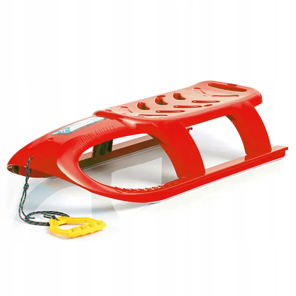 Plastisk akebrett Bullet i rødt, sidevisning med gule håndtak, snor foran og luftige hull i setet.