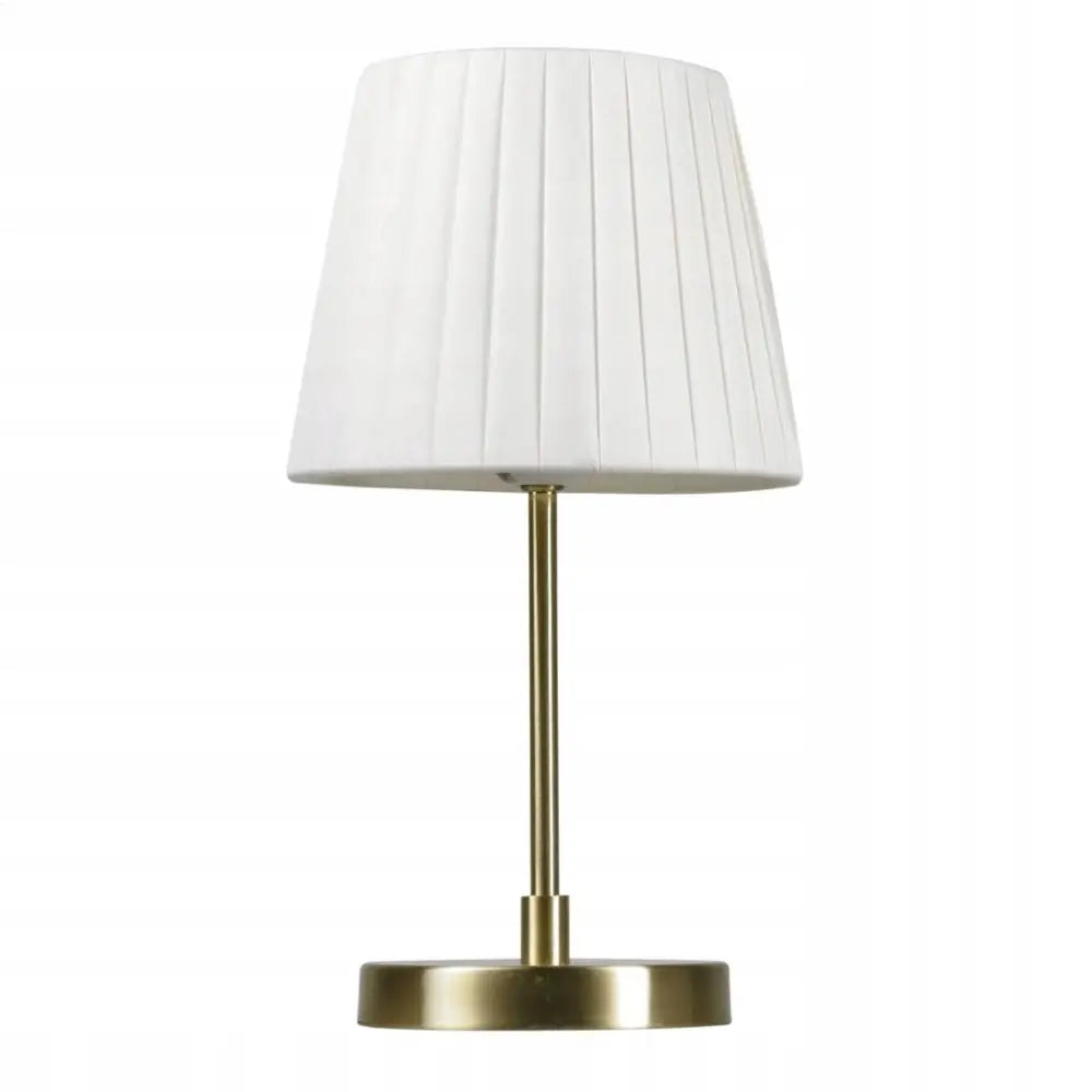 Platinet bordlampe med hvit plissert skjerm og rund bronsebase, frontvisning mot hvit bakgrunn.