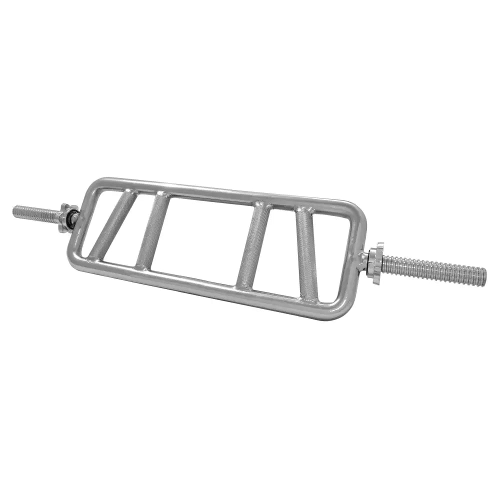 Platinum Fitness stangkrage, sølvfarget metallhåndtak med fire gripeflater og gjengede bolter, sidevisning.