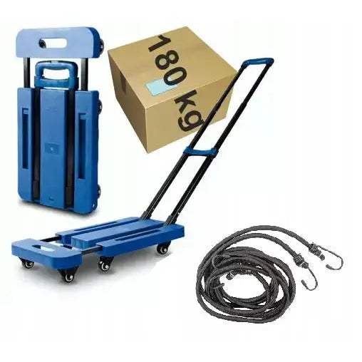 Plattformtralle for transport og lager, sammenleggbar modell vist med eske og sort strikk med kroker.