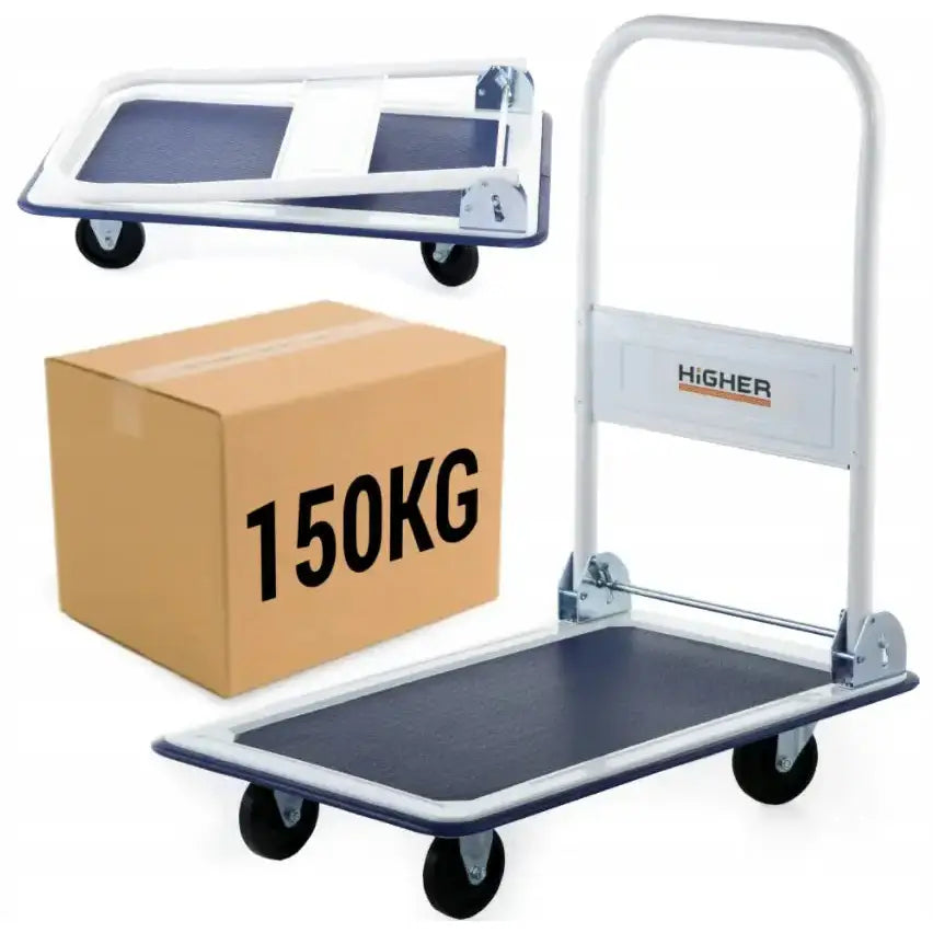 Plattformvogn 75x50 cm, sammenleggbar i metall med svart lastflate, fire hjul og eske som viser 150 kg maks belastning.