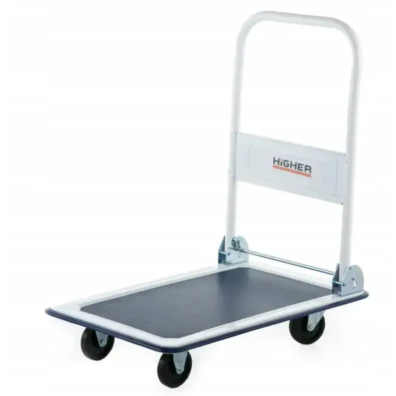 Plattformvogn med sort lasteflate og hvit ramme, sett i skrått perspektiv med synlig håndtak og logo.
