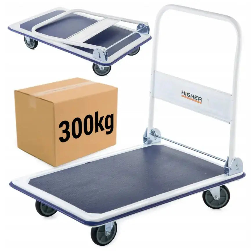 Plattformvogn 90x60 i blått og hvitt med sammenleggbar håndtak, stor eske og fire hjul, sett skrått forfra.