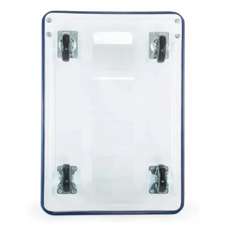 Plattformvogn med blå kant, sett ovenfra, gjennomsiktig plate og fire svarte svingbare hjul i hjørnene.