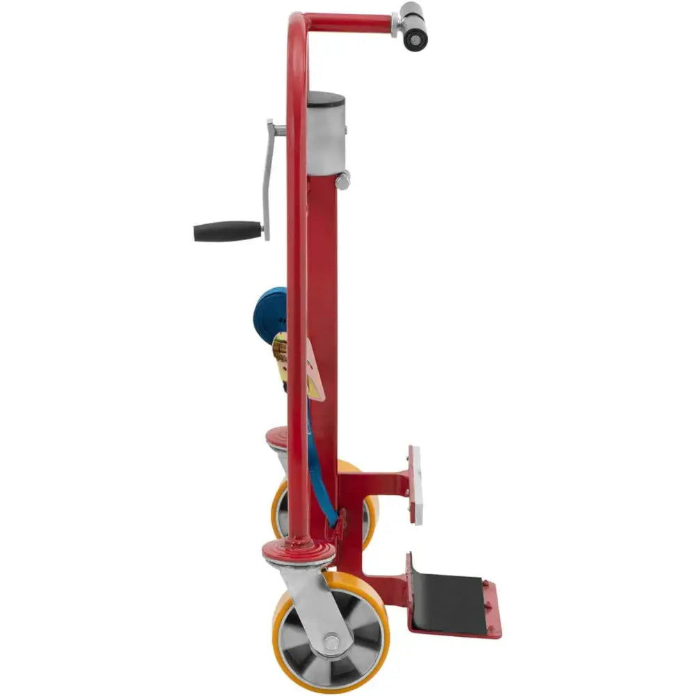 Plattformvogn for tunge løft, sidevisning med tre hjul, sort sveiv, blå rem og gulmerkede hjul.