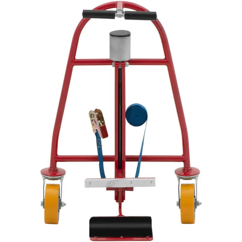 Plattformvogn for tungtransport, frontvisning med gule hjul, blå stropp og sort gummirull.