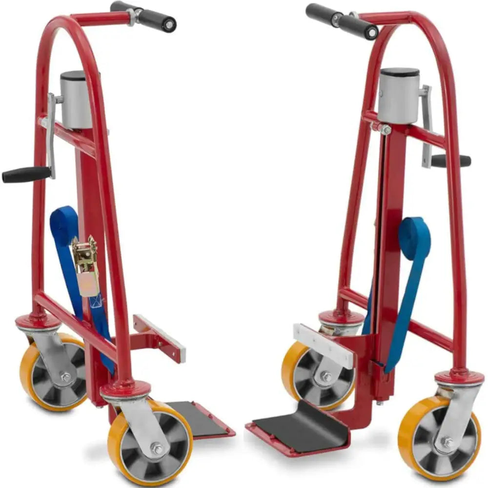 Plattformvogn for tung transport, to røde traller med blå stropper, store hjul og sorte håndtak, forfra.