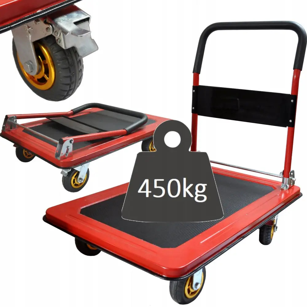 Plattformvogn med sort ståplate og håndtak, fire helgummihjul, vises både oppslått og sammenlagt med 450 kg kapasitet.