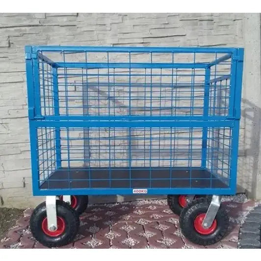 Plattformvogn Nettingboks 120x80, sidevisning med nettingbur, store gummihjul og synlig kapasitetsmerking.