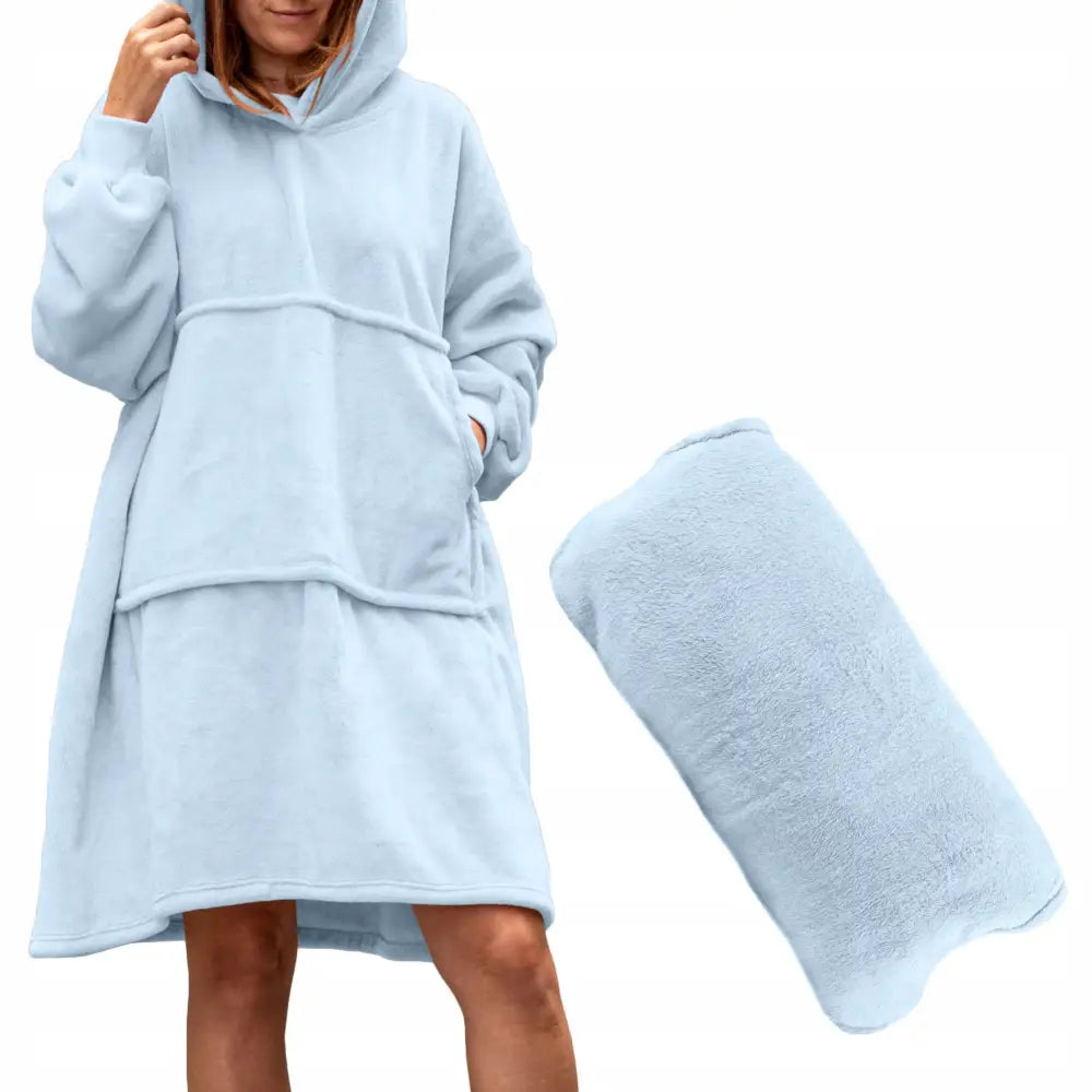 Pledd med Ermer og Hette Oversized Hettegenser Myk og Varm - Lyseblå