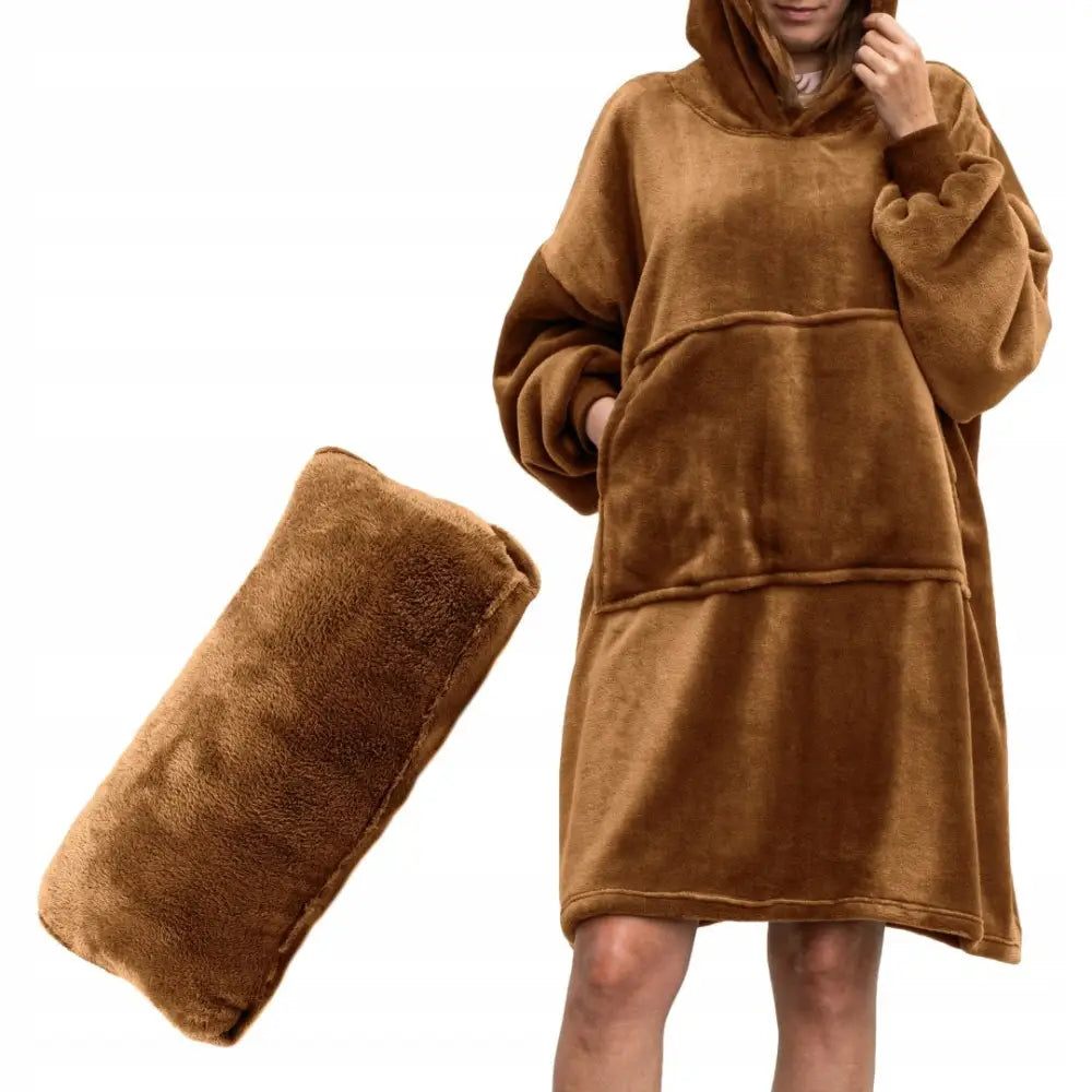 Pledd med Ermer og Hette Oversized Sweatshirt Myk og Varm Karamellfarget