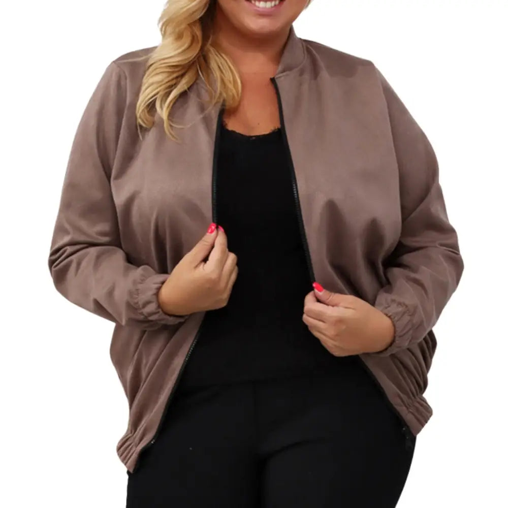 Plus Size åpen Brun Bomberjakke