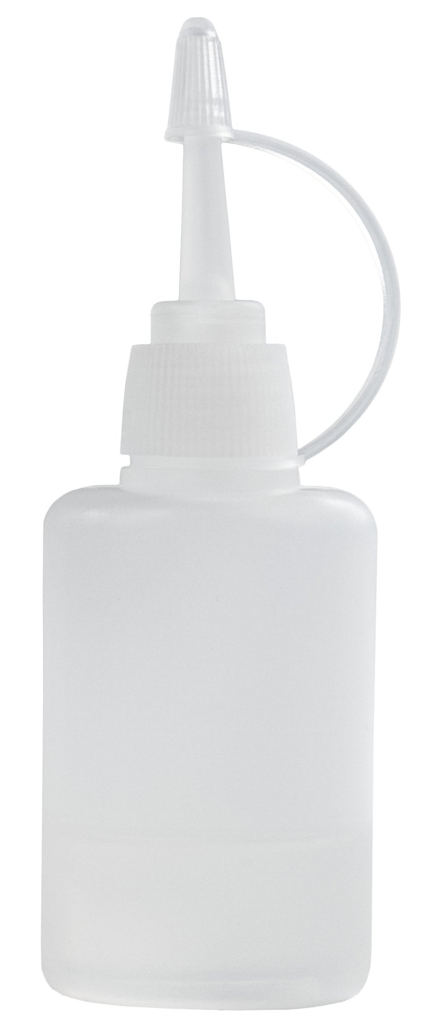 Oljesmører i halvgjennomsiktig hvit plast med lang spiss tut og hette sett fra siden