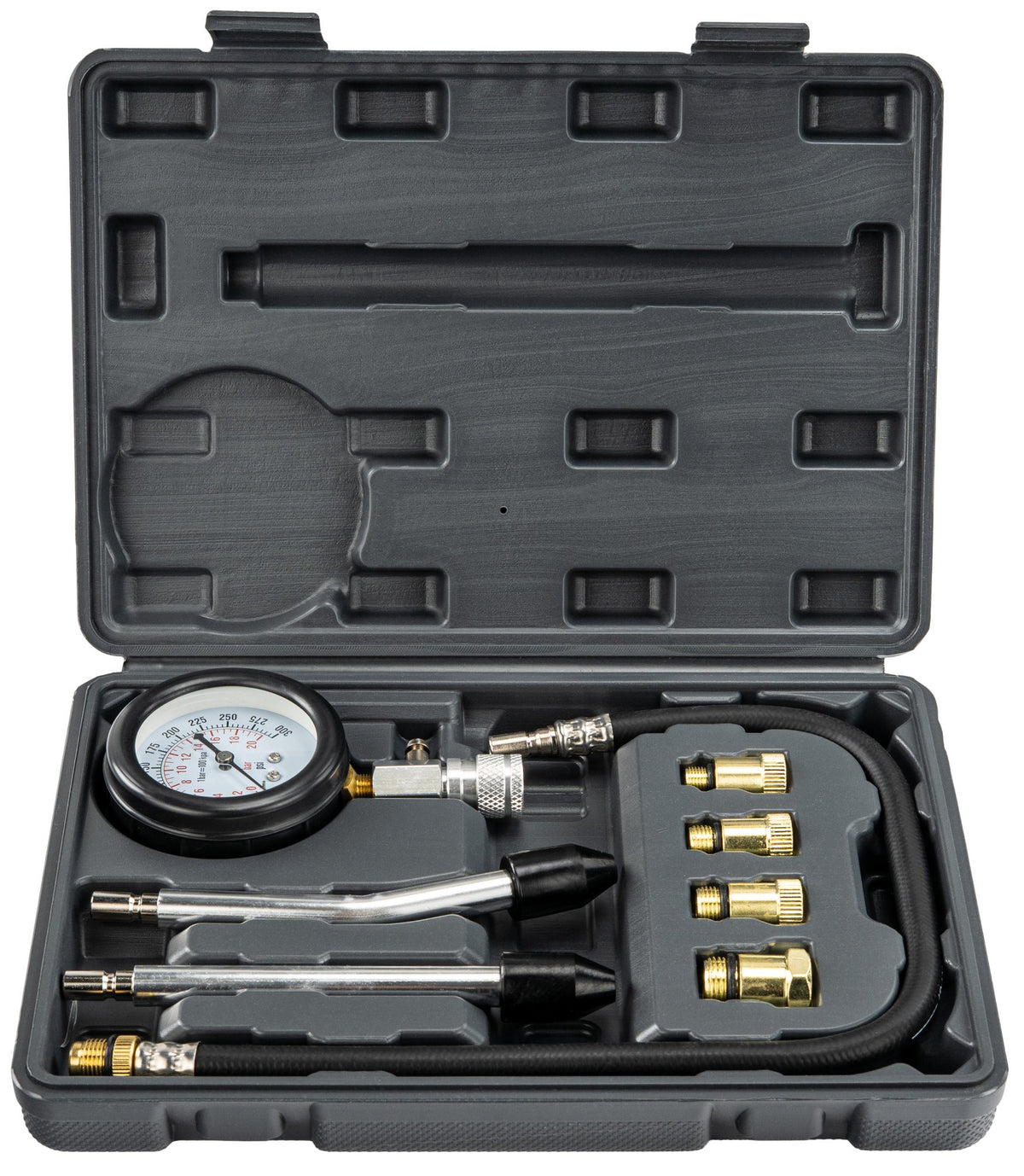 Kompresjonstester Powermat sett med manometer, slange, adaptere og endestykker i koffert