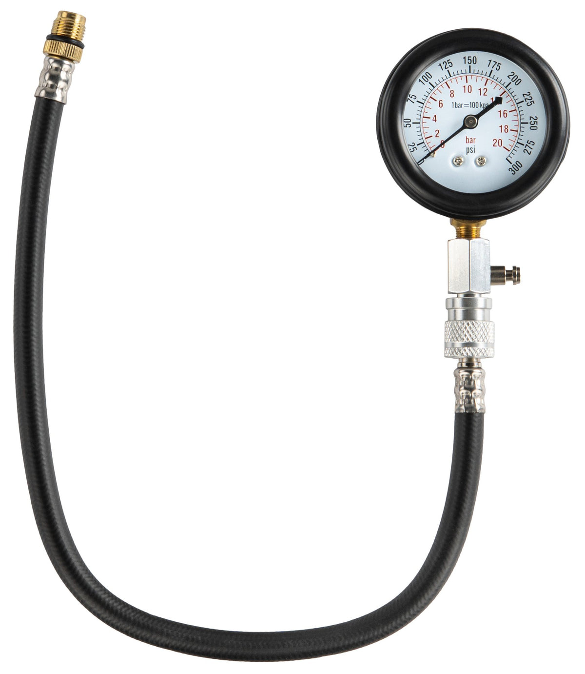Kompresjonstester Powermat manometer med fleksibel slange, gjengeadapter i messing og hurtigkobling på hvit bakgrunn