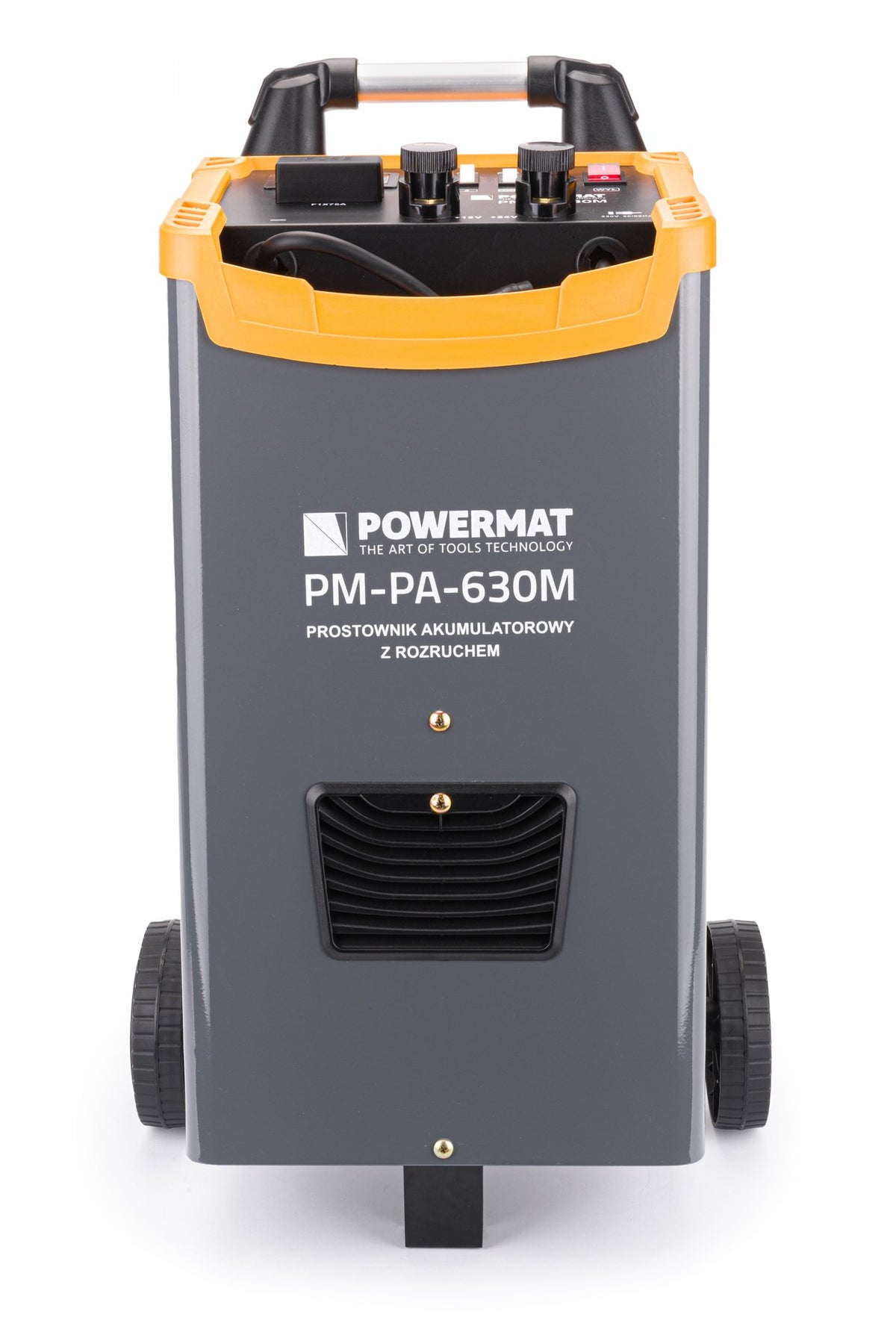 Batterilader Powermat PM-PA-630M sett forfra med håndtak, oransje toppanel og betjeningspanel